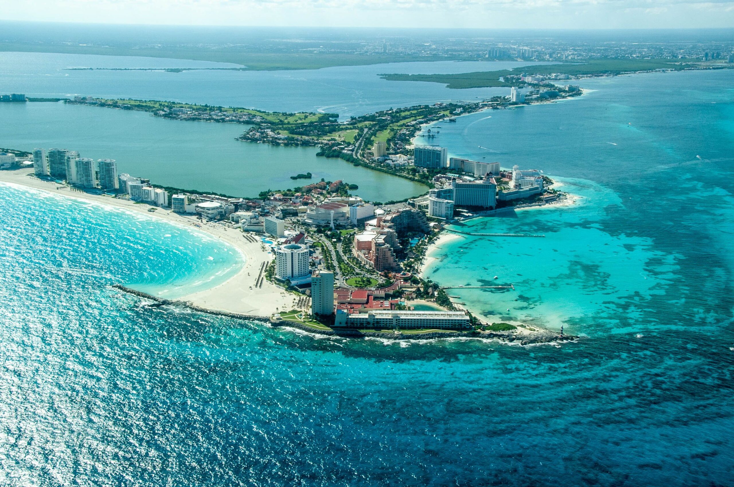 Aerial view of the scenic skyline on the shore of Cancun An aerial view of the scenic skyline on the shore of Cancun