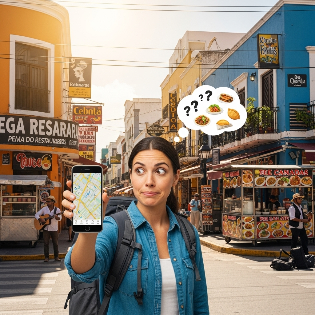 A traveler holding a map or phone, exploring a colorful street in Playa del Carmen with various restaurant signs and food stalls, symbolizing discovery and making culinary choices.