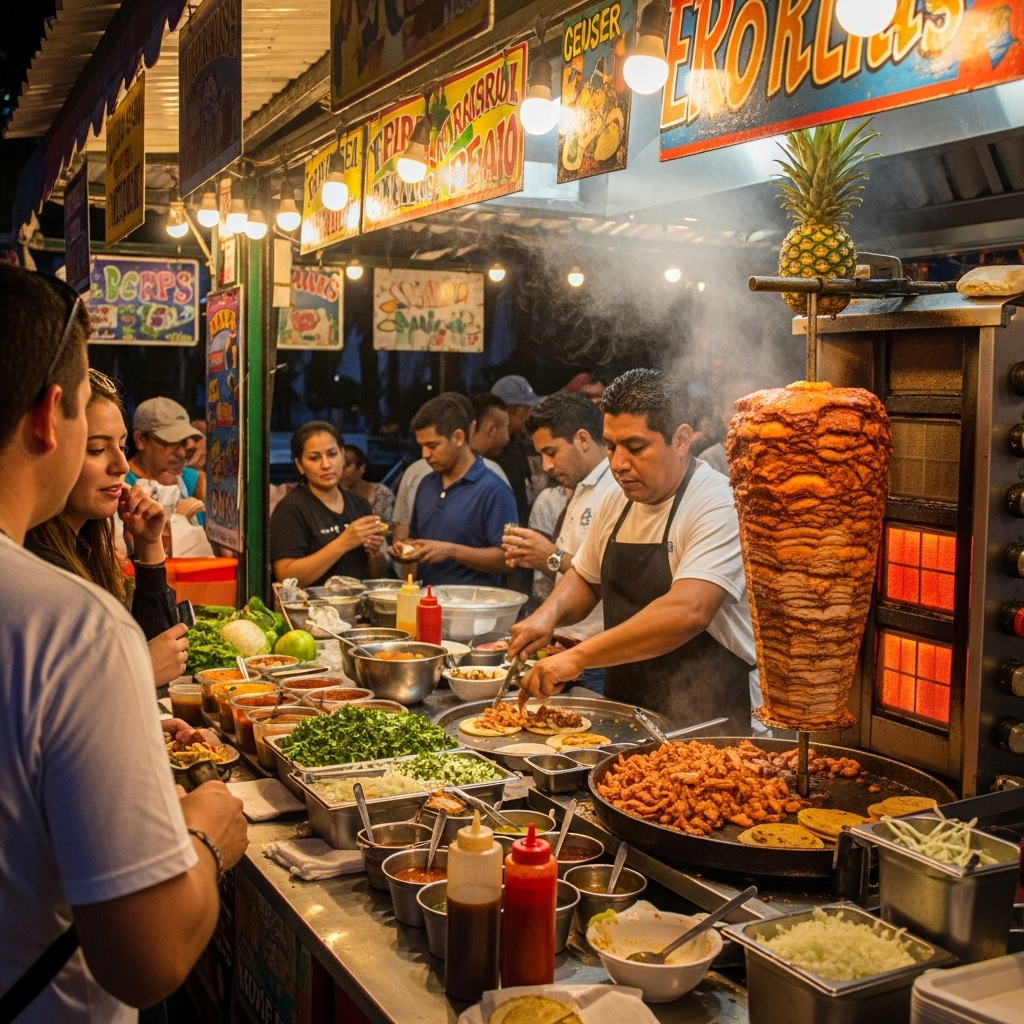 A vibrant street food stall in Playa del Carmen with tacos al pastor on a trompo, bustling with locals and tourists, capturing the authentic Mexican culinary scene.