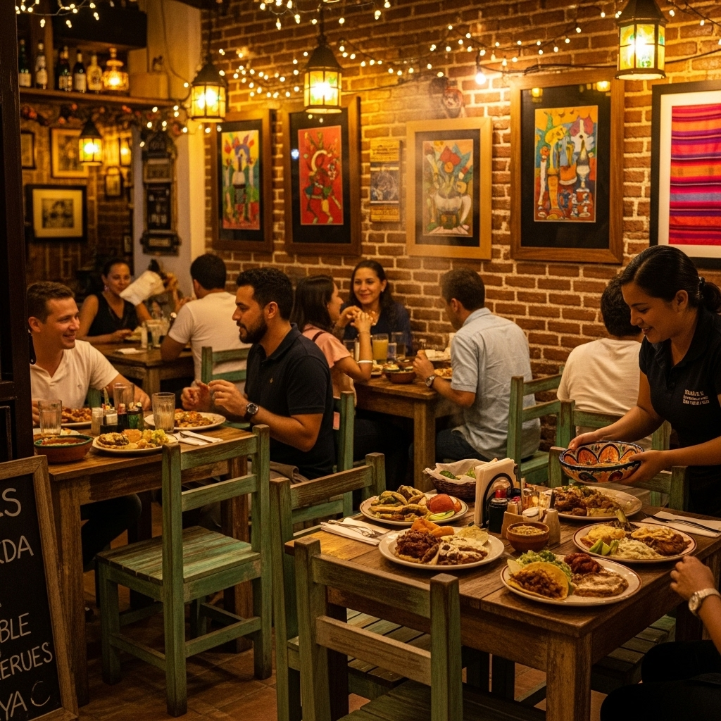 A cozy, off-the-beaten-path restaurant in Playa del Carmen, dimly lit with a rustic charm, where locals are enjoying hearty, traditional Mexican food, emphasizing a 'hidden gem' feel.