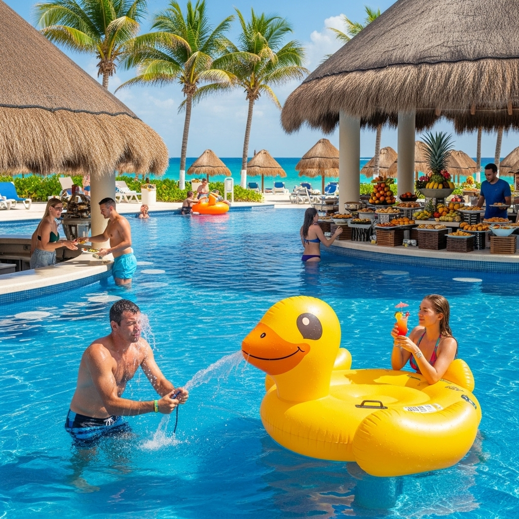 A lively scene at an all-inclusive resort in Cancun. Guests are enjoying a large, inviting swimming pool with a swim-up bar, a diverse buffet spread in the background, and palm trees with beach access visible.