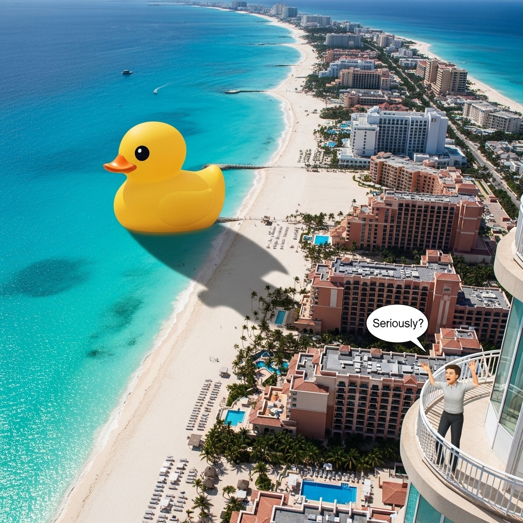 A breathtaking aerial view of Cancun's Hotel Zone, showcasing pristine white-sand beaches, vibrant turquoise ocean, luxurious resorts lined along the coast, and lush greenery.