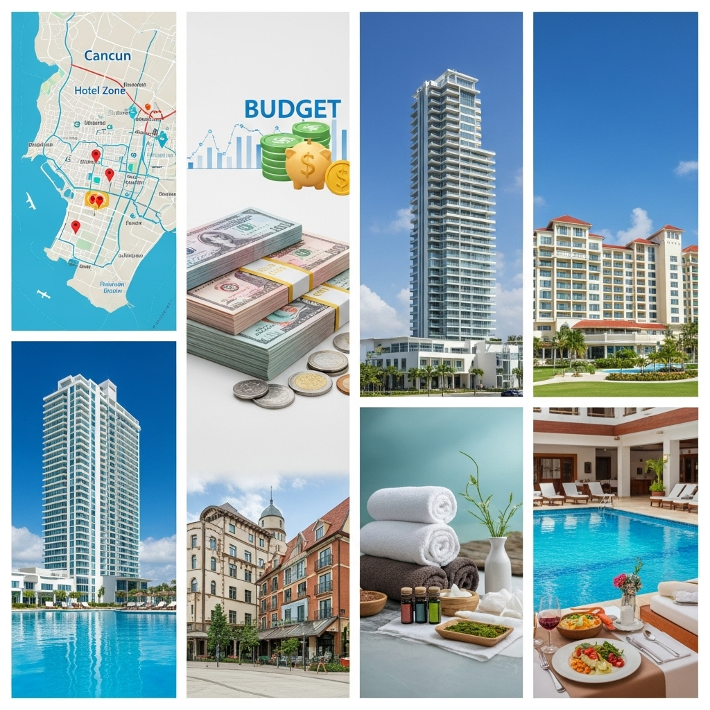 A visually engaging collage representing key hotel choice factors in Cancun: one panel showing a vibrant map of Cancun, another a stack of money or budget icons, a third showing diverse hotel building styles (luxury, boutique, family), and a fourth panel with amenities like a pool, spa, or restaurant.