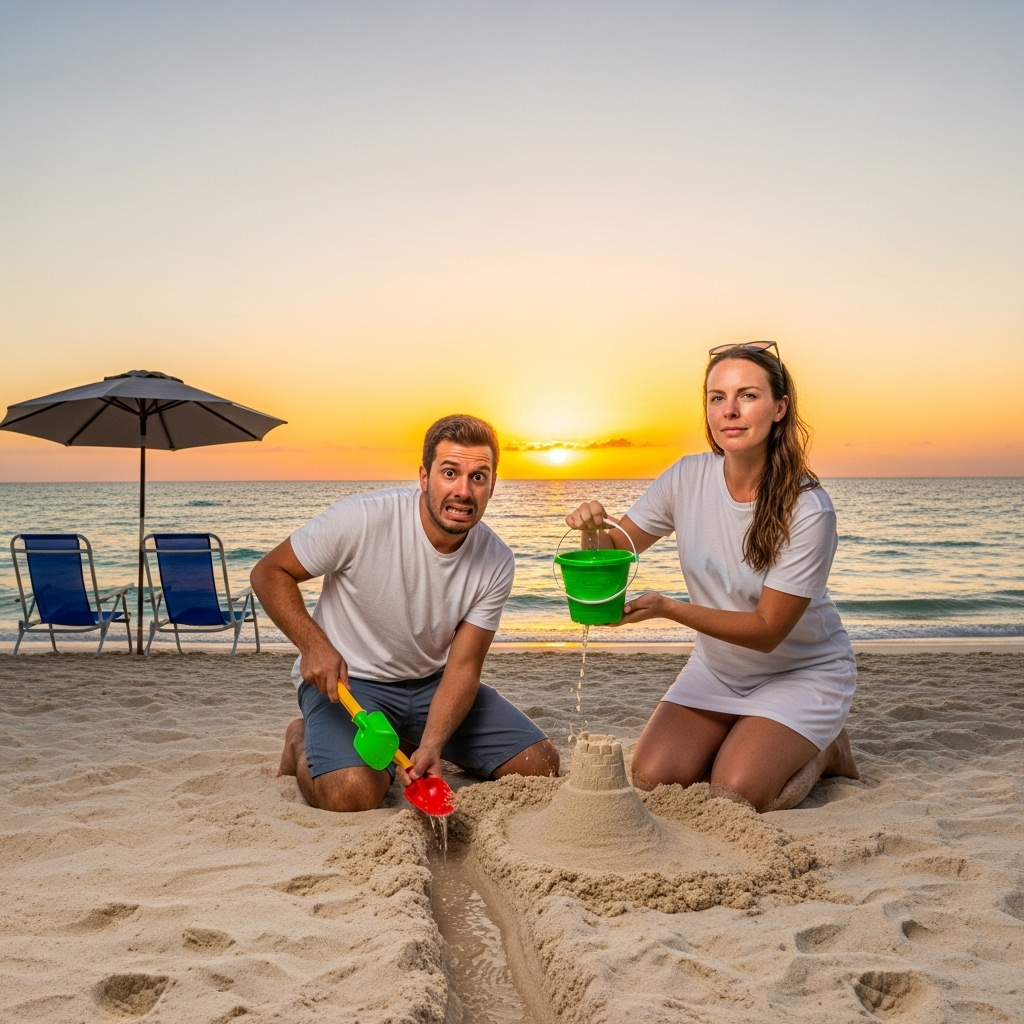 A happy family or couple relaxing and enjoying the perfect Cancun vacation on a beautiful beach at sunset, with a sense of adventure and tranquility in the air.