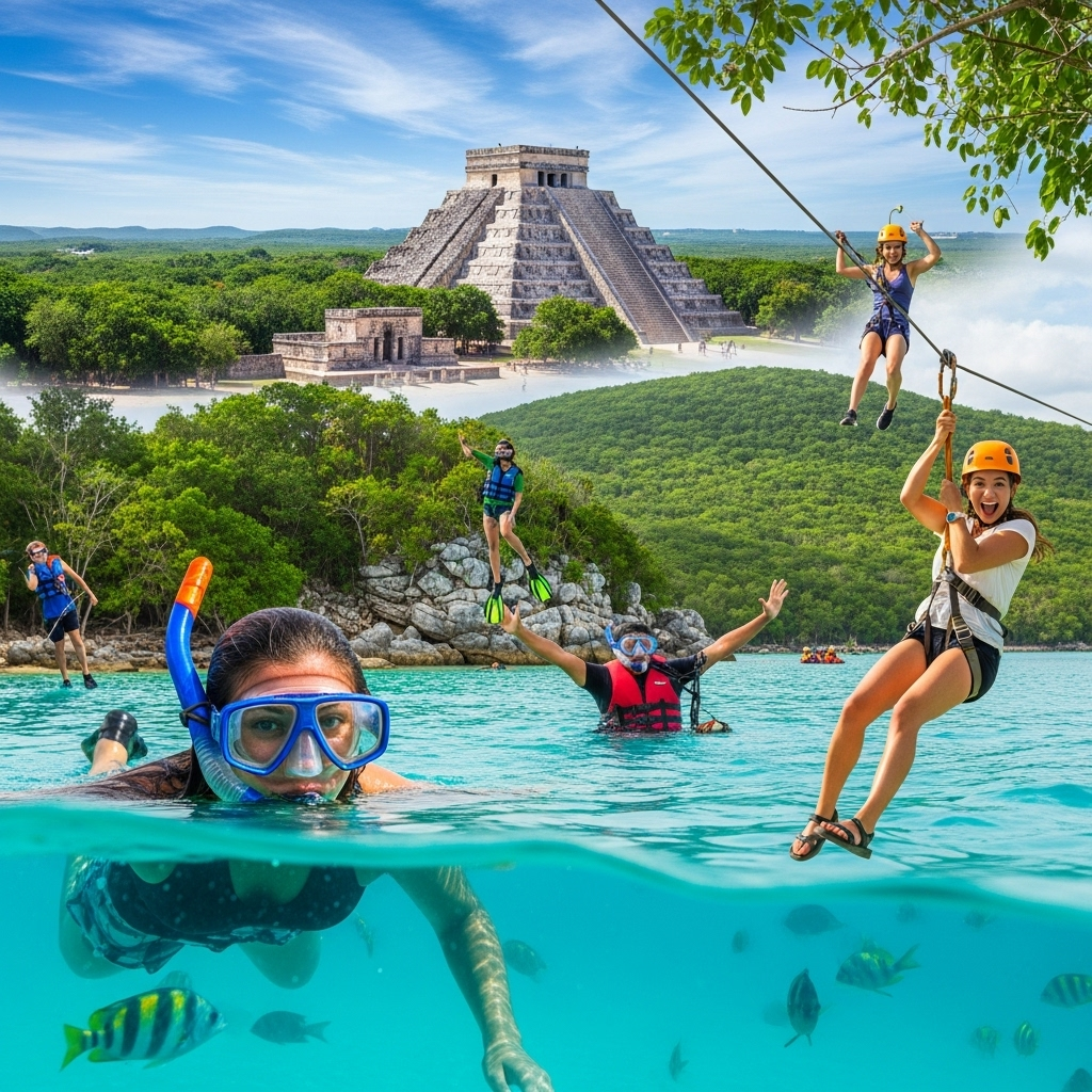 A vibrant scene showcasing the diverse attractions of Cancun, including ancient Mayan ruins like Chichen Itza in the distance, alongside people enjoying modern activities such as snorkeling or ziplining through lush jungle.