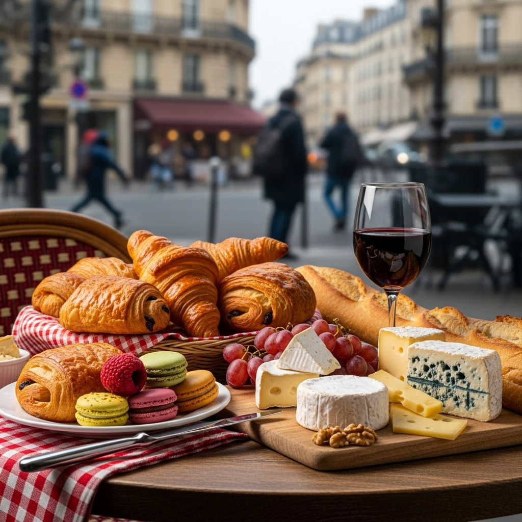 A mouth-watering spread of classic Parisian culinary delights, including fresh croissants, pain au chocolat, macarons, an assortment of French cheeses, a baguette, and a glass of red wine, set on a rustic wooden table at a charming outdoor café.