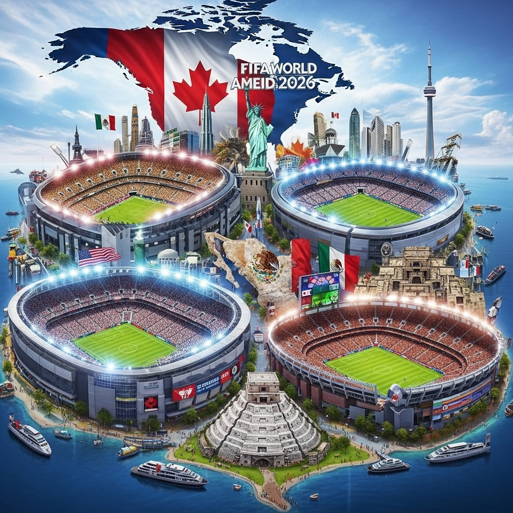 An epic adventure across North America, showcasing the United States, Canada, and Mexico co-hosting the FIFA World Cup 2026, with football stadiums and iconic landmarks, in a dynamic, continental spread, vibrant and grand.