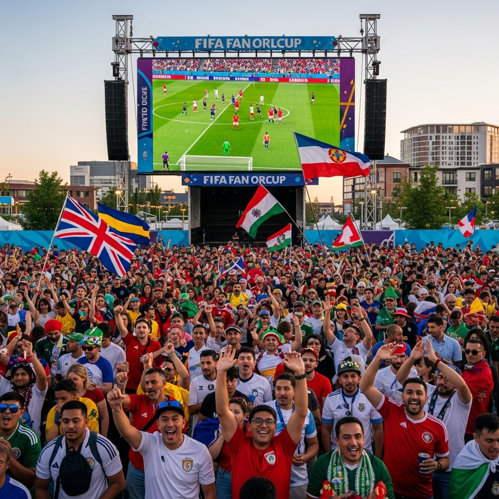 A vibrant scene of a FIFA Fan Festival in North America during the 2026 World Cup, with diverse fans celebrating, watching a match on a giant screen, enjoying local culture, and street entertainment, full of energy and camaraderie.