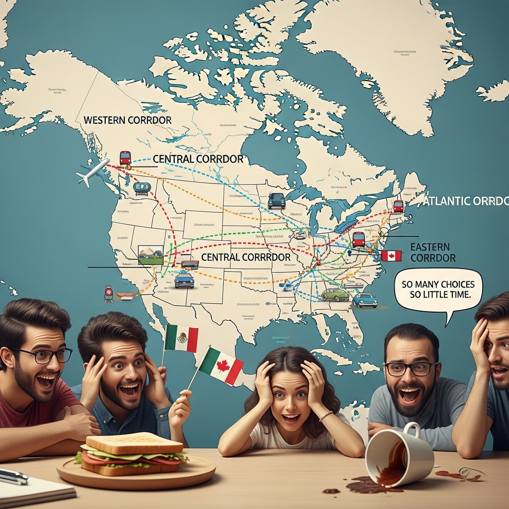 An infographic-style map of North America highlighting three travel corridors (Western, Central, Eastern) for the 2026 World Cup, with icons representing flights, road trips, and public transport, emphasizing strategic planning for fans.