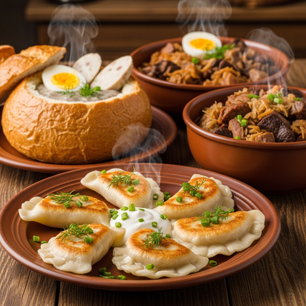 A visually appealing close-up of a plate of perfectly golden pan-fried pierogi with sour cream and herbs, alongside a steaming bowl of hearty Bigos (hunter's stew) and a unique sour rye soup (Żurek) served in a bread bowl, emphasizing comfort and rich flavor.