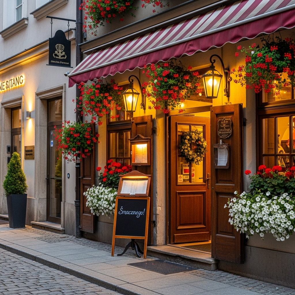 A charming street scene in historic Kraków, with a cozy, traditional Polish restaurant entrance adorned with flowers and warm lighting, hinting at authentic culinary experiences within, possibly with a subtle suggestion of fine dining nearby.