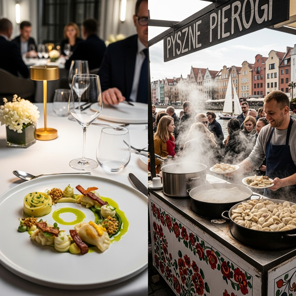 A dynamic split image or collage showcasing the diverse culinary scene of Poland: one side depicting a modern, elegant dining setting in Warsaw with innovative dishes, and the other side featuring a bustling pierogi stand or a picturesque coastal view in Gdańsk with traditional food, blending urban sophistication and regional charm.