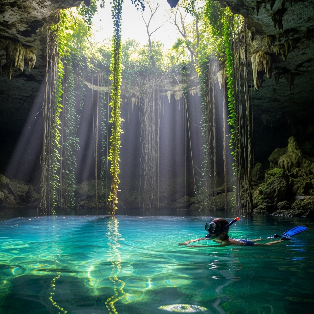 A serene and mystical cenote in the Yucatán Peninsula, clear blue freshwater, sunbeams piercing through the cave opening, lush greenery, with a person swimming or snorkeling.