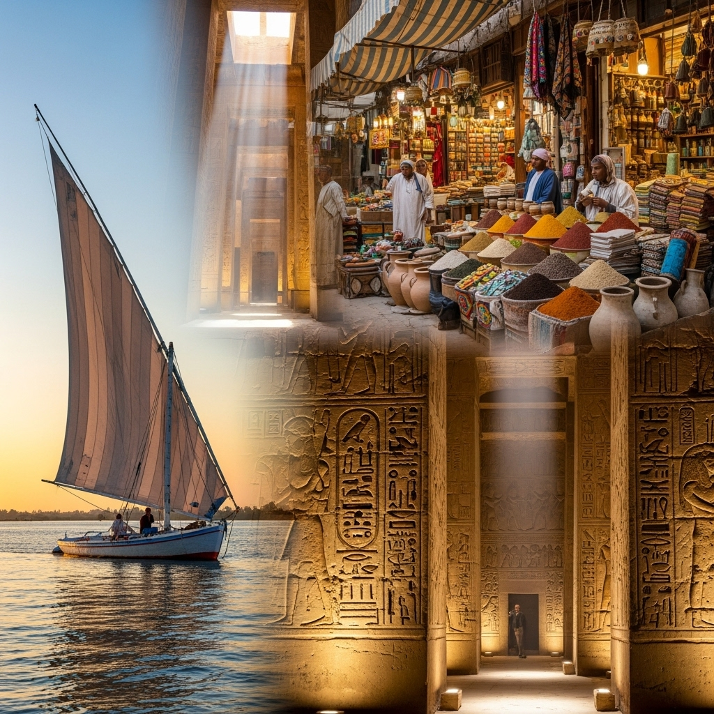 A vibrant collage or scene depicting various Egyptian experiences: a traditional felucca sailing on the Nile, the intricate carvings inside a temple in Luxor, and a bustling colorful bazaar.