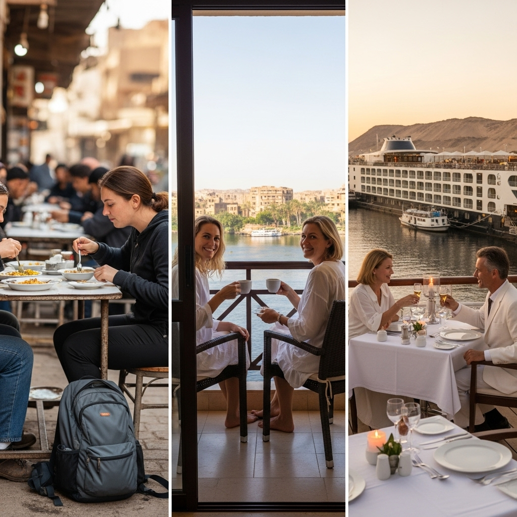 A visual metaphor representing different travel budgets in Egypt: one side showing a minimalist backpacker at a local eatery, the middle showing a couple enjoying a comfortable hotel view, and the other side showing a luxurious Nile cruise ship with fine dining.