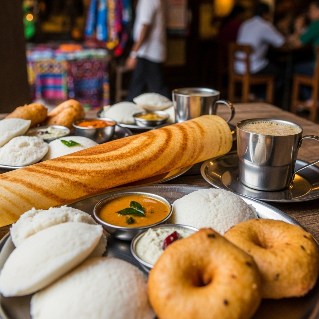 A mouth-watering close-up of diverse Bangalore street food like dosa and idli