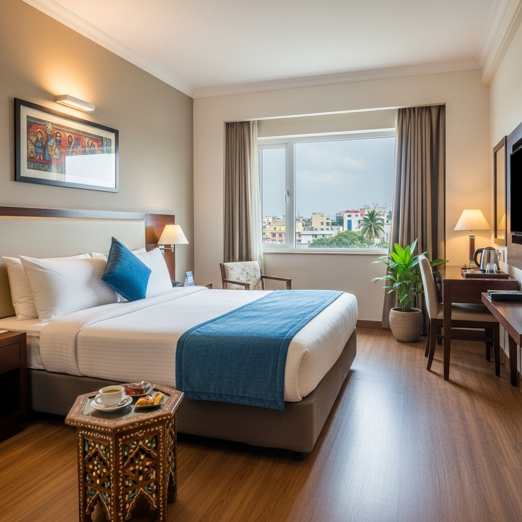 An inviting and comfortable mid-range hotel room interior in Bangalore
