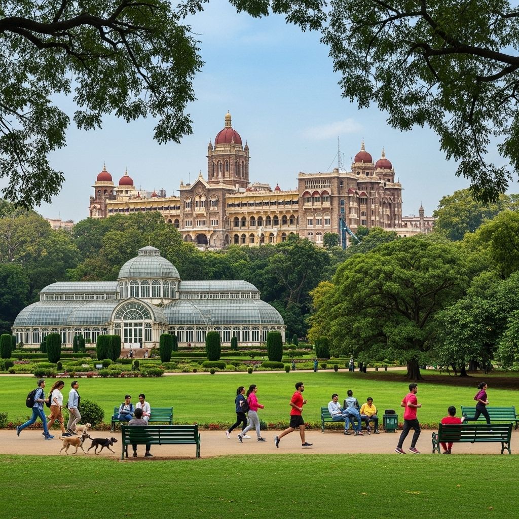 A beautiful composite image featuring iconic Bangalore landmarks like the Bangalore Palace and Lal Bagh
