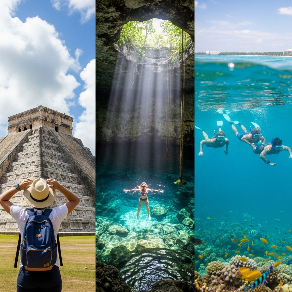 An adventurous image combining popular Cancun activities: a person exploring the ancient Mayan ruins of Chichen Itza, another swimming in a mystical cenote, and a group snorkeling in the clear Caribbean Sea.