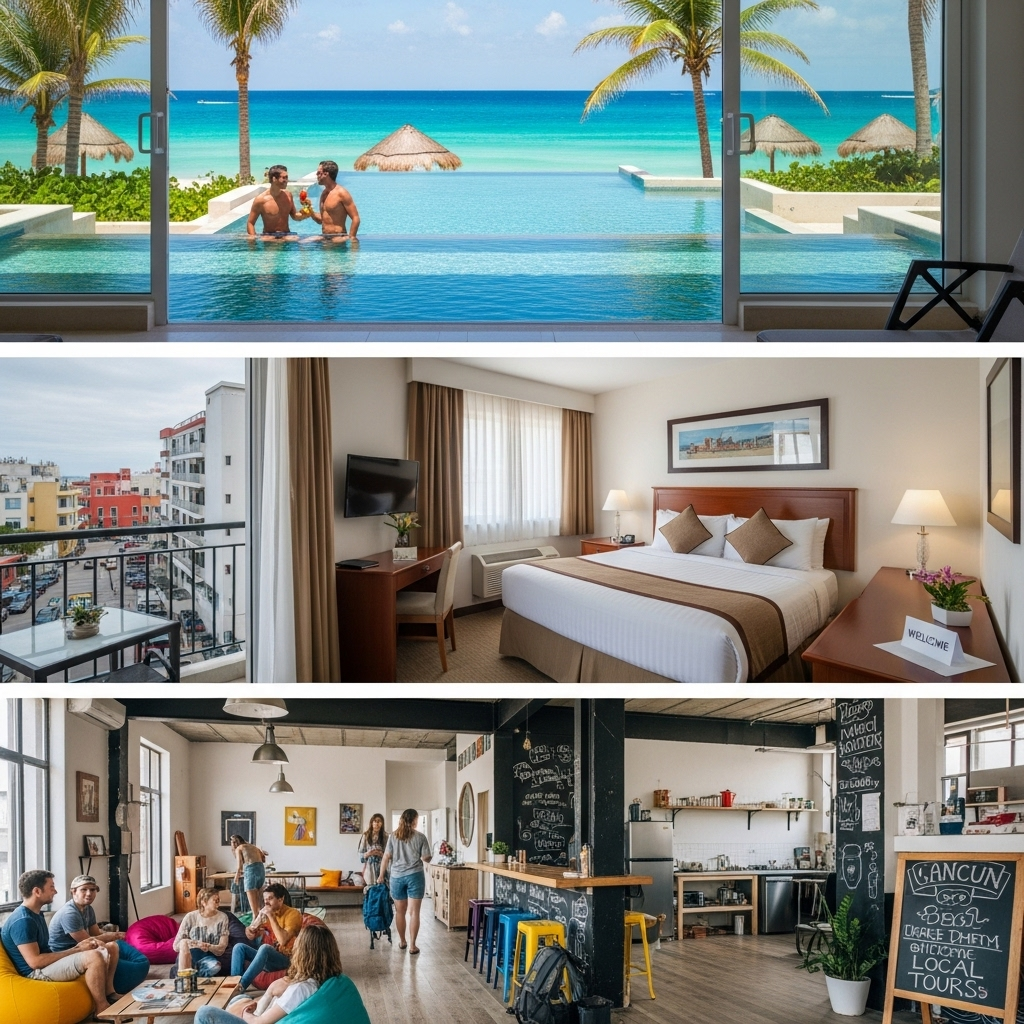 A visual collage or split image showcasing diverse accommodation options in Cancun: a luxurious all-inclusive resort with a beachfront view, a comfortable mid-range hotel, and a bustling, budget-friendly hostel lobby.