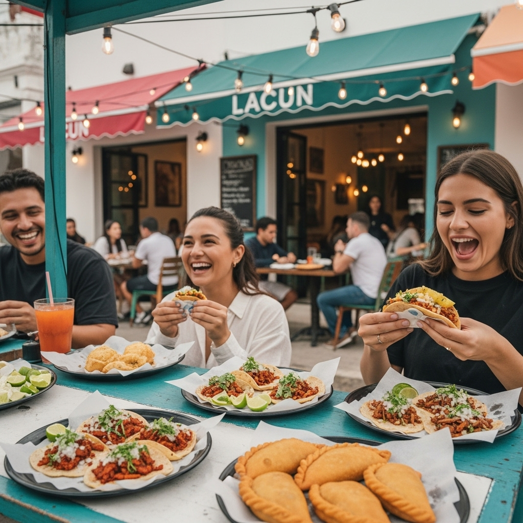 A lively scene depicting Cancun's rich food culture: vibrant street food stalls with people enjoying authentic Mexican dishes like tacos al pastor and empanadas, alongside a cozy local restaurant setting.