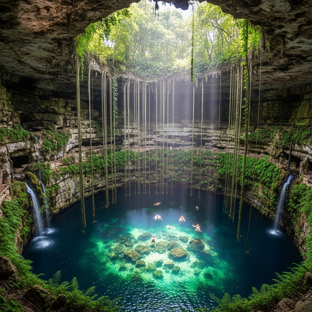 A stunning image of a deep, open-pit cenote with mossy walls, hanging vines, and incredibly clear blue water.