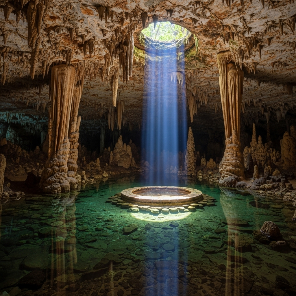 An awe-inspiring shot inside a subterranean cave cenote with intricate stalactites and stalagmites.