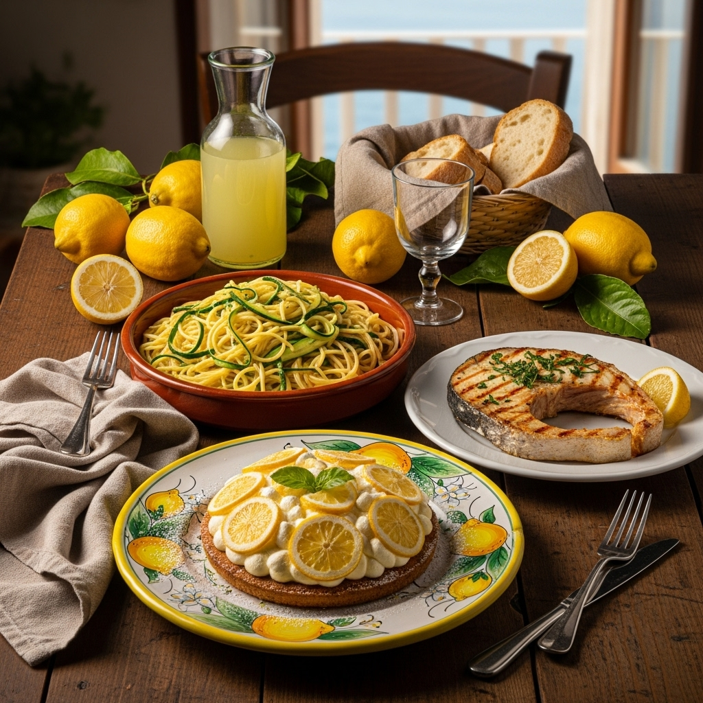 A vibrant still-life photograph featuring a selection of iconic Amalfi Coast dishes, including spaghetti alle zucchine, fresh grilled swordfish, and a beautiful lemon-themed dessert, presented appealingly on a table.