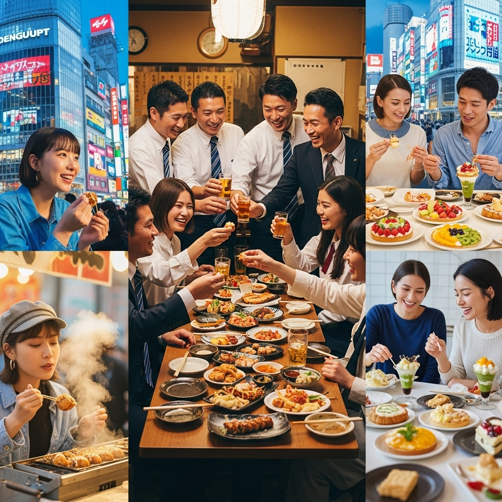 Illustrative collage or montage showing diverse people (salarymen, students, friends) enjoying various Shibuya foods in different settings: a quick snack from a street stall, a communal meal in an izakaya, sharing trendy sweets. Emphasize the connection between food and the dynamic, evolving cultural identity of Shibuya, conveying joy and community.