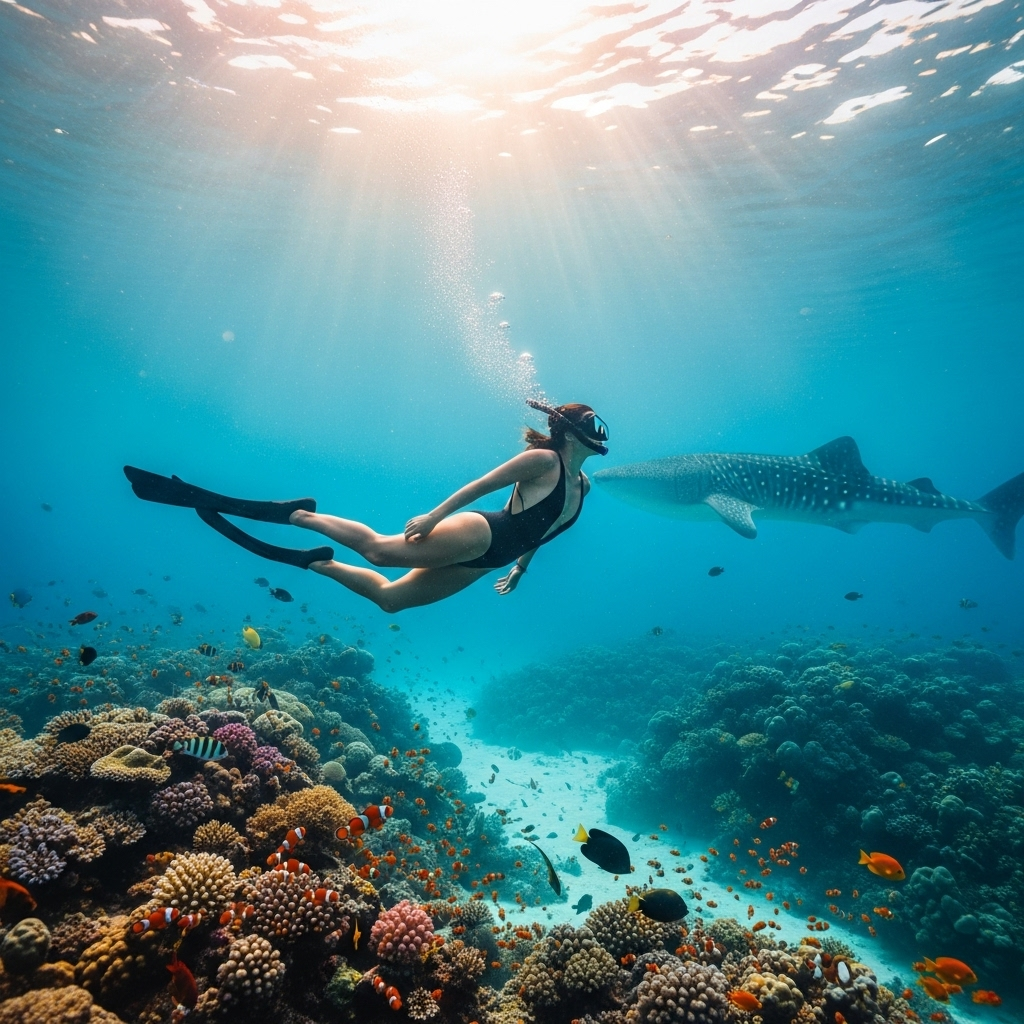 A vibrant underwater scene with a snorkeler swimming near a coral reef in Isla Mujeres.