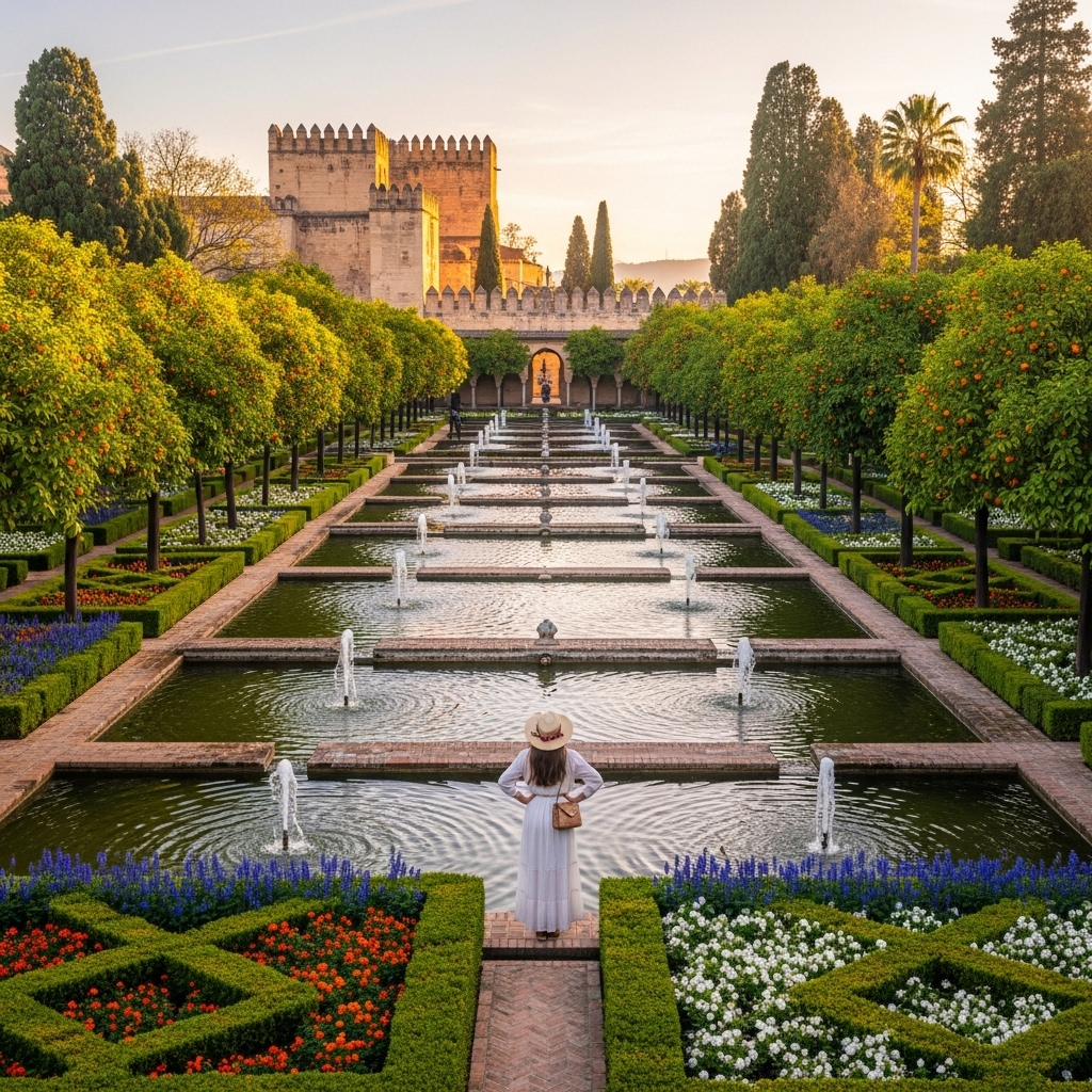 The serene and geometrically perfect gardens of the Alcázar de los Reyes Cristianos in Córdoba, with terraced ponds, bubbling fountains, fragrant orange trees, and colorful flowerbeds, overlooked by the fortress towers.