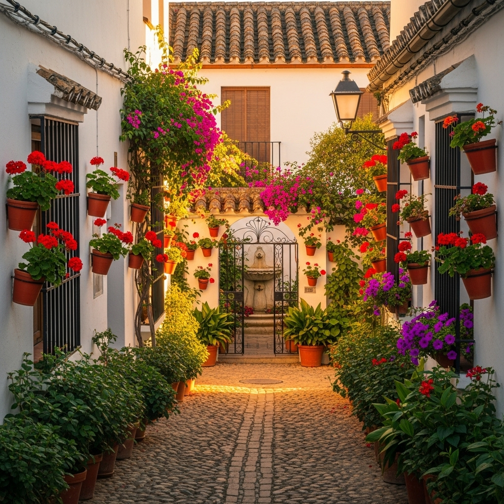 A charming, labyrinthine street scene from Córdoba's Jewish Quarter (La Judería), featuring narrow, winding cobblestone streets, whitewashed houses adorned with vibrant flowerpots, and secret, inviting patios.