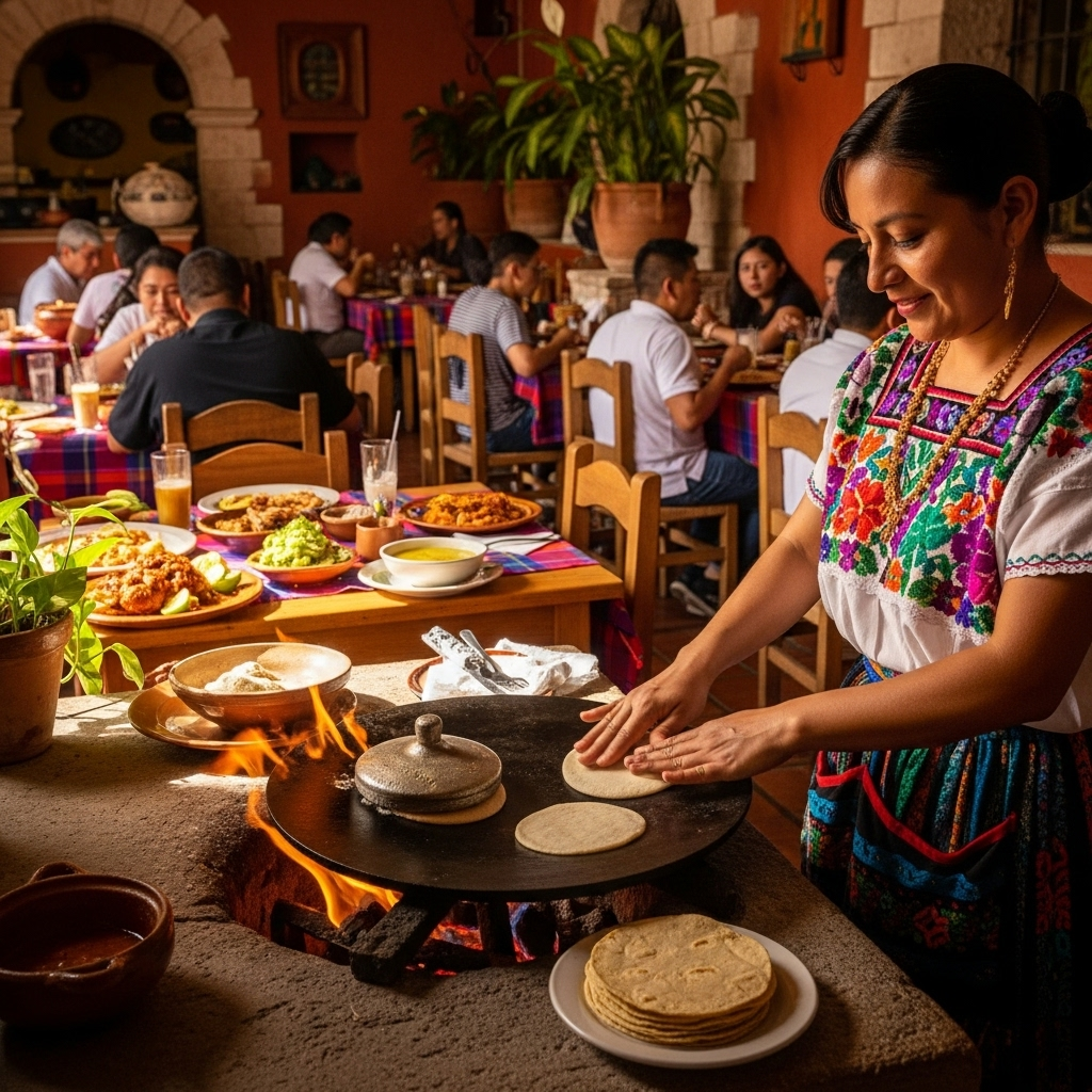 Inside a traditional Yucatecan restaurant, La Chaya Maya, where a woman in traditional dress is skillfully hand-making fresh corn tortillas on a comal. The scene is warm, inviting, and joyfully noisy, with plates of classic dishes like cochinita pibil and sopa de lima on tables in the background.