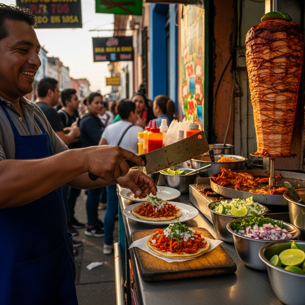 An authentic and lively street food taqueria scene in Mérida, Taquería de la Unión, with close-up shots of delicious, classic tacos like cochinita pibil and al pastor, being served by a friendly taquero. The atmosphere is bustling, local, and focused purely on irresistible, simple food.