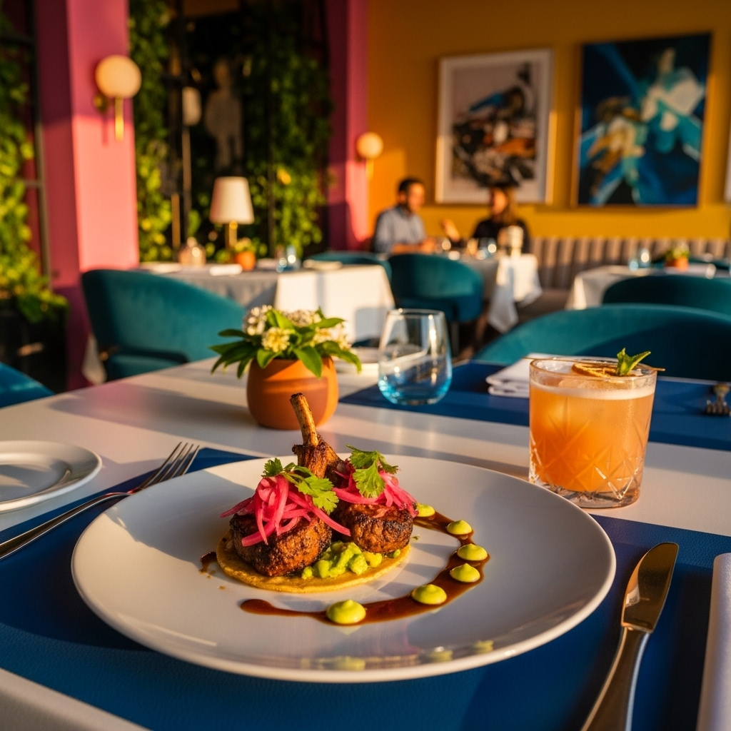 An elegant dining scene at Rosas & Xocolate in Mérida, featuring a beautifully plated gourmet dish like Lamb Cochinita Tacos or Duck Panuchos, against a backdrop of sophisticated ambiance, modern decor, and perhaps a stylish craft cocktail.