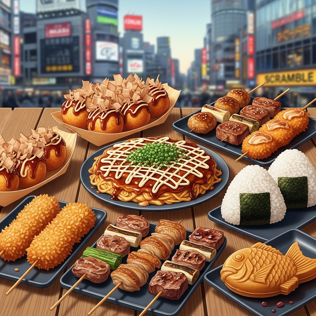Vibrant flat lay illustration of essential Shibuya street foods: golden-brown takoyaki with dancing bonito flakes, savory okonomiyaki, perfectly grilled yakitori skewers, neatly wrapped onigiri, crispy kushikatsu, and a delightful taiyaki, all artfully arranged on a traditional Japanese wooden table or mat, with a soft focus Shibuya background.
