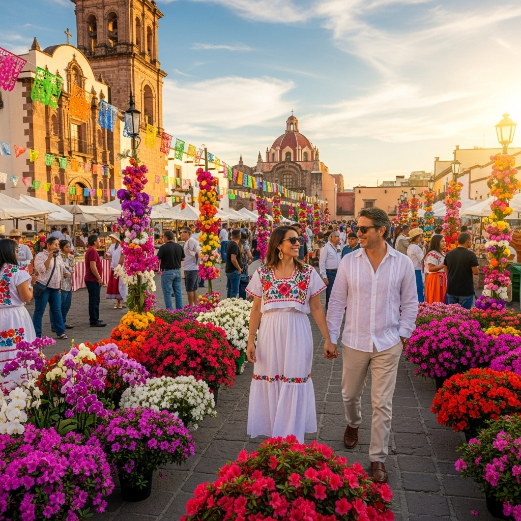 A vibrant scene in the heart of Huachinango, Puebla, during the Feria de las Flores. The colonial Plaza de la Constitución is bustling with people, adorned with colorful azaleas, orchids, and traditional Mexican decorations. In the background, a historic church with colonial architecture stands proudly. People are enjoying local cuisine from market stalls, and some are wearing traditional attire, showcasing the town's rich culture and festive spirit.