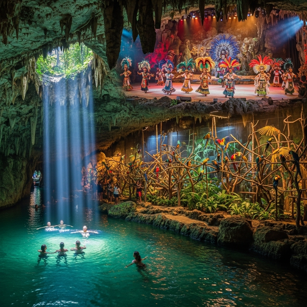 An immersive scene within Xcaret Park, Mexico, featuring people floating in a clear underground river through a mystical cave system. In the same image, integrate elements of the park's wildlife like colorful birds in an aviary and a grand, cultural performance with dancers in traditional Mexican costumes from the 'Xcaret México Espectacular' show.