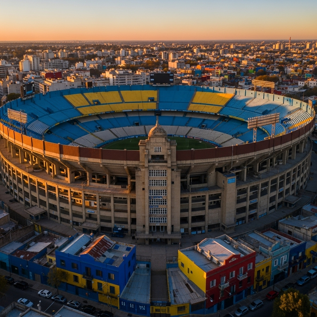 An aerial or wide shot of La Bombonera Stadium in La Boca, Buenos Aires, showcasing its unique 'chocolate box' architecture. The stadium should appear grand and imposing, conveying the passion of Argentine football. Optionally, include a hint of the surrounding vibrant La Boca neighborhood colors in the background.