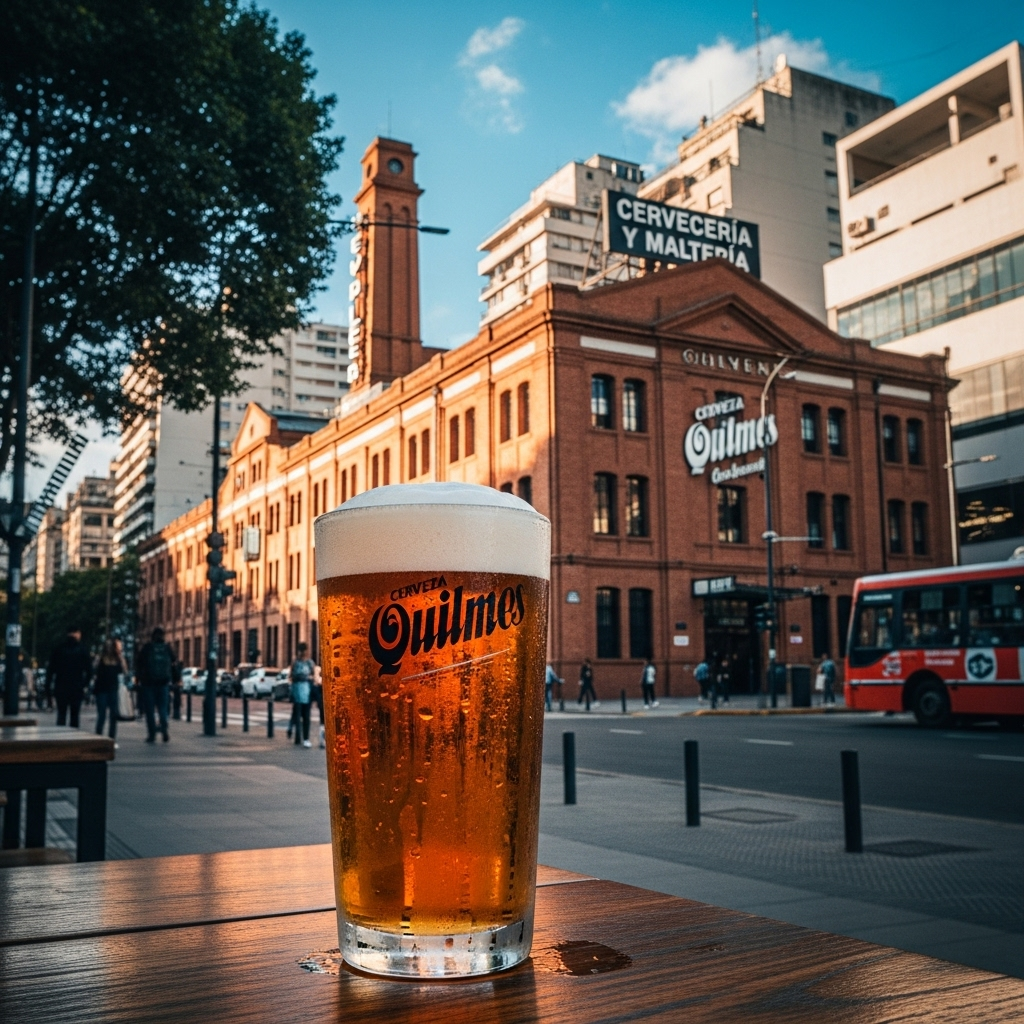 A vibrant urban scene in Quilmes, Buenos Aires, Argentina, featuring the historic Cervecería y Maltería Quilmes brewery building. In the foreground, a frosty glass of the iconic Cerveza Quilmes. The background should subtly hint at modern city life, perhaps with a blend of historic architecture and contemporary activity, capturing the essence of an industrial and residential hub. Daytime, lively atmosphere.