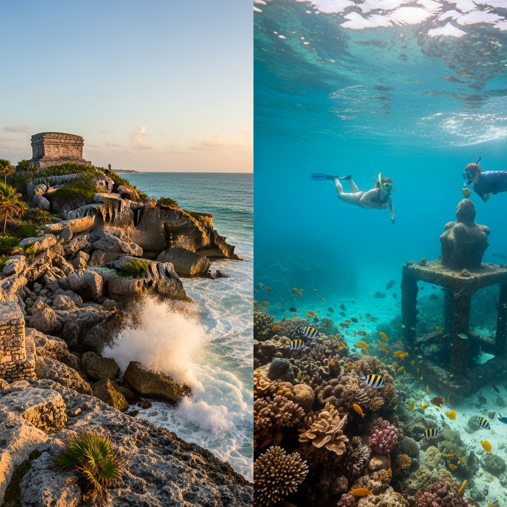 A dynamic image showcasing two distinct sides of Isla Mujeres: on one side, the dramatic cliffs of Punta Sur with ancient Mayan ruins overlooking the crashing Caribbean waves; on the other side, an vibrant underwater scene with snorkelers admiring colorful coral, tropical fish, and a unique submerged sculpture from the MUSA museum.