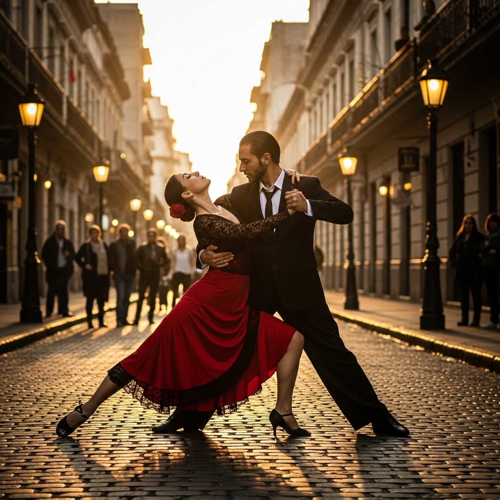 Passionate tango dancers in traditional attire on a cobbled street in San Telmo, Buenos Aires.