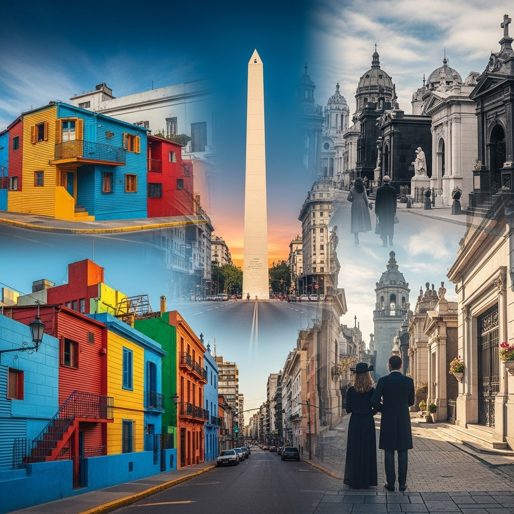 A composite image representing the diverse neighborhoods of Buenos Aires, including La Boca, Recoleta, and the Obelisco.