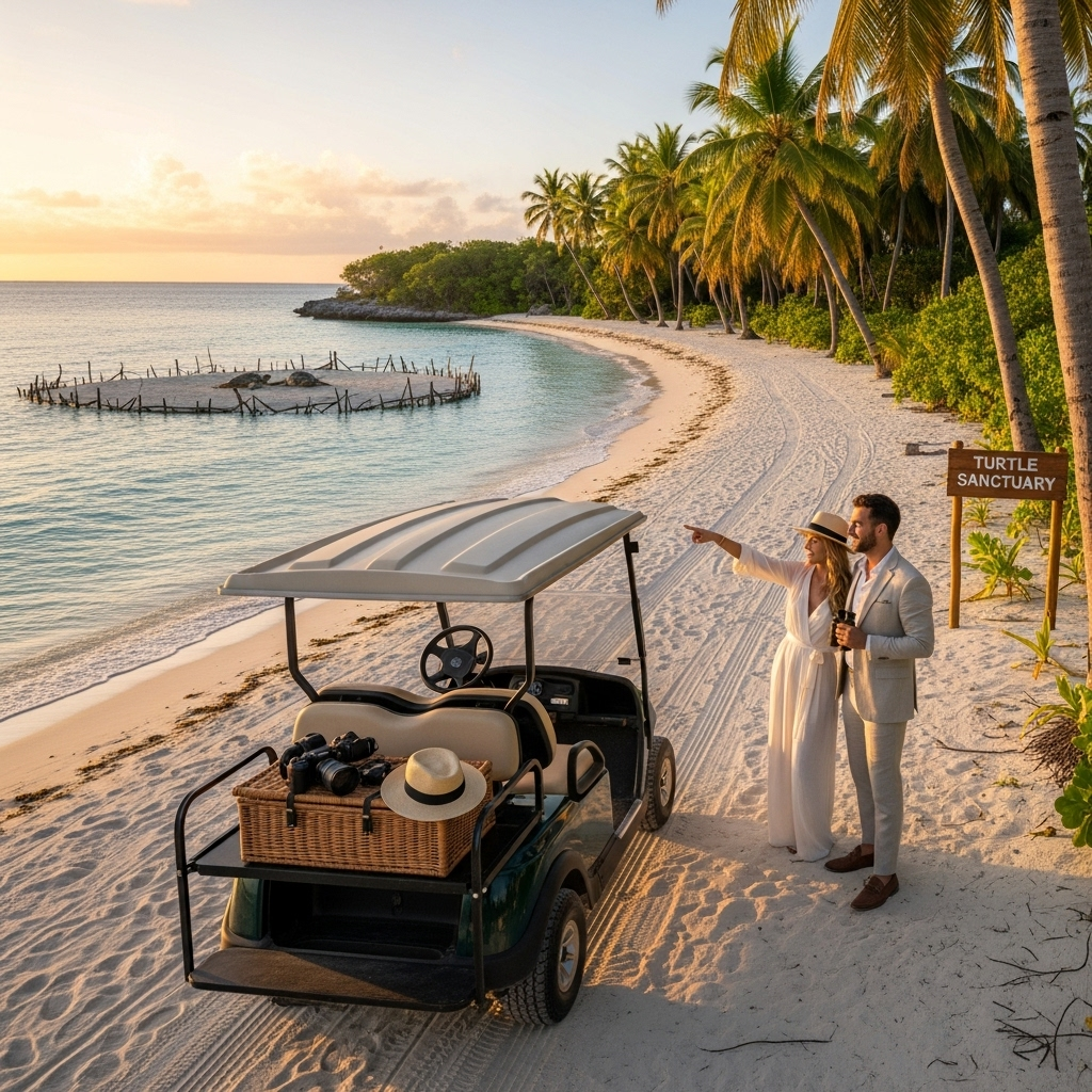 Tourists exploring Isla Mujeres on a bright blue golf cart.